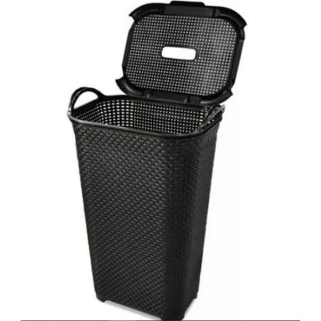 Cesto de Roupa Rattan Grande C/ Tampa Basculada Preto 50 Litros