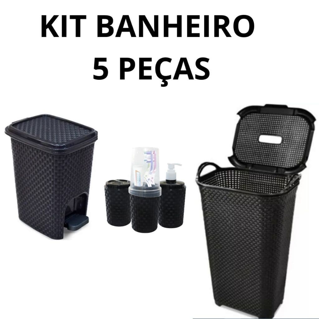 Kit Banheiro 5 Peças Cesto de Roupa 50L Rattan + Lixeira Pedal 7 Litros + Porta Detergente e Sabão Liquido + Porta Escova + Porta Cotonete Algodão