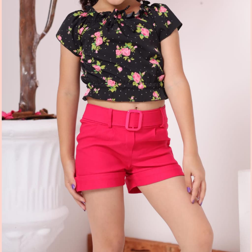 Shorts Infantil Menina Bermuda Bengaline Confortável Estiloso Cinto Fake