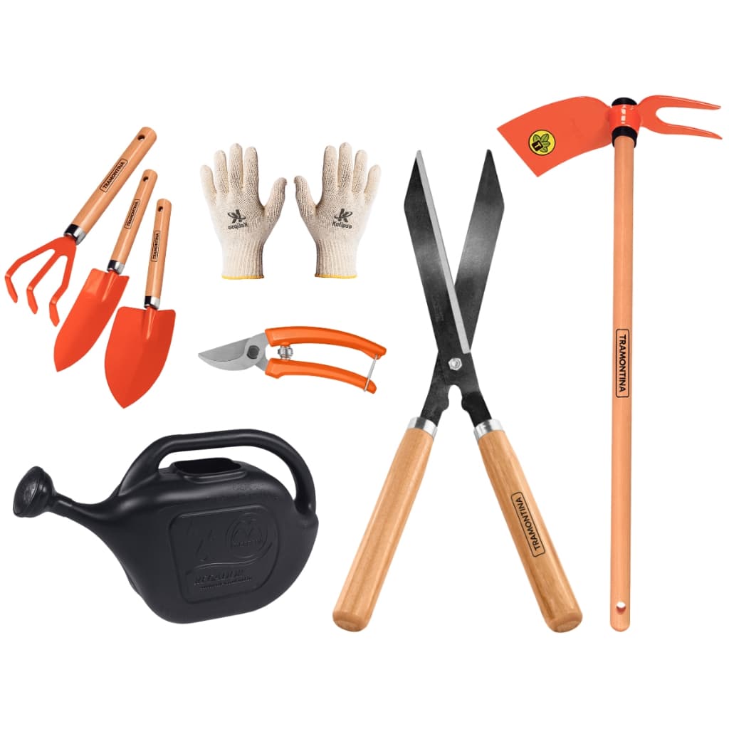 Kit De Jardinagem 6 Peças P/Podar C/ Cabo Madeira Profissional Tramontina E Regador 5 Litros + Luva