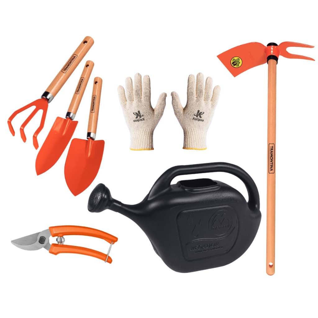 Kit Ferramentas 5 Peças De Jardim Com Cabo Madeira Tramontina + Regador 5 Litros E Luva