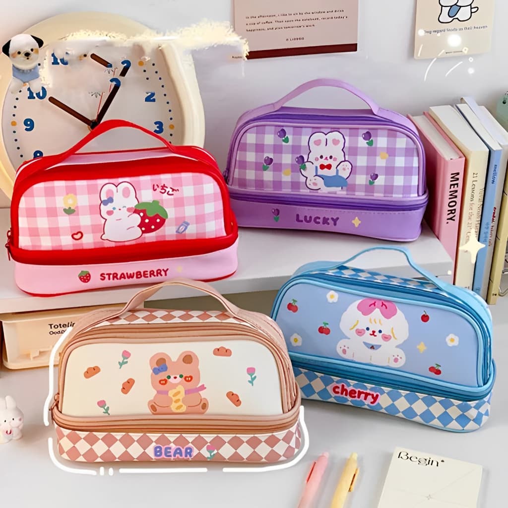 Estojo Escolar De Lápis Grande Papelaria Fofo Coréia Kawaii Infantil Desenho Animado com 2 Divisória À Prova D'água