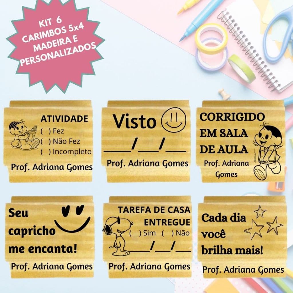 Kit Carimbos Pedagógicos de madeira 5cm x 4cm carimbo pedagógico para professora professor