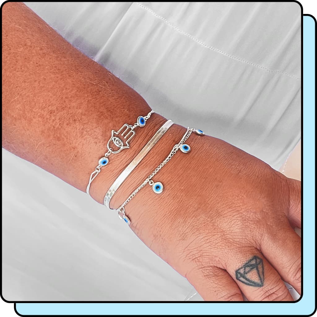 Kit 3 Pulseiras Prata 925 Olho Grego Pulseira Feminina Mão De Fatima