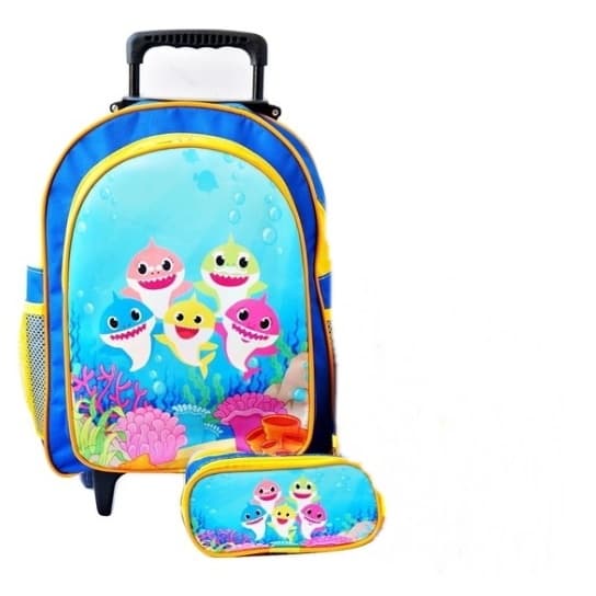 Mochila Baby Shark Azul Rodinhas + Estojo de Lapis