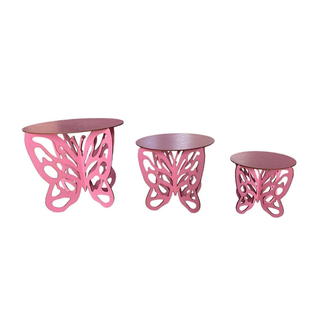 Kit Trio De Boleiras Borboleta Pmg Mdf Cru Decoração Festa Pintada Cor Rosa