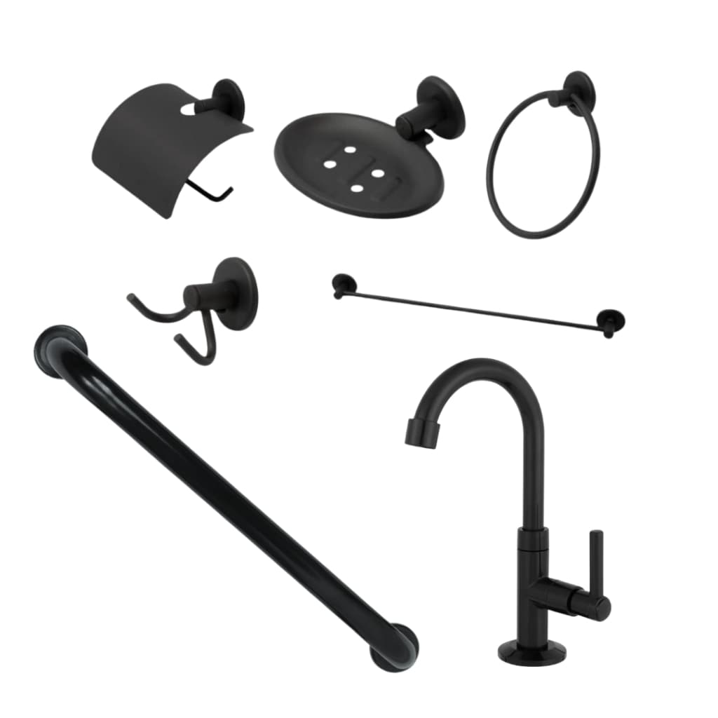 KIT BANHEIRO STANDER PRETO NO SUPER COMBO 7 PEÇAS ACOMPANHA BARRA DE APOIO DE 60CM E TORNEIRA LAVATÓRIO ABS
