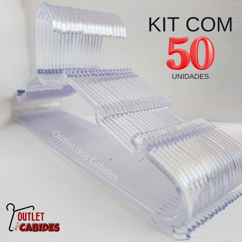KIT 50 CABIDE TRANSPARENTE CRISTAL ADULTO REFORÇADO E RESISTENTE ROUPAS PESADAS