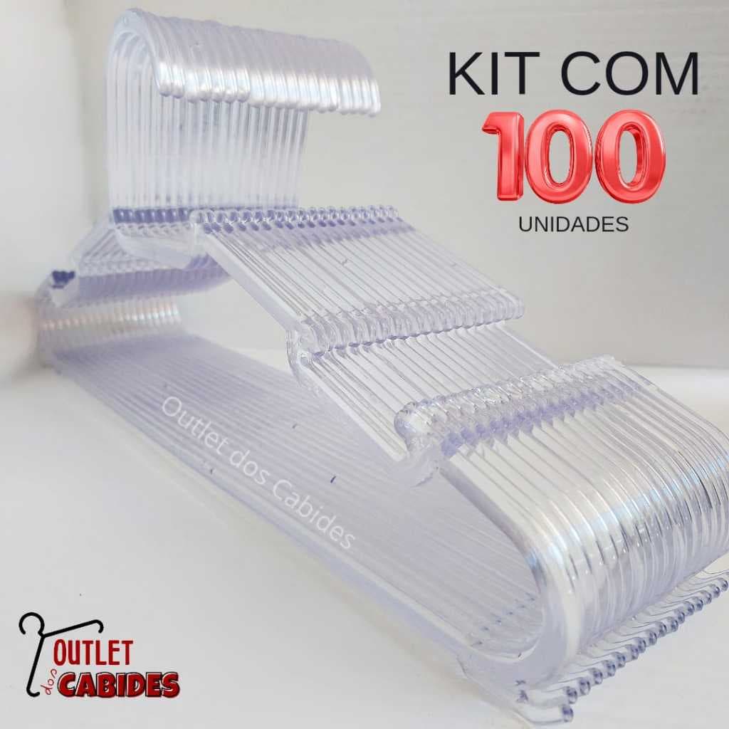 KIT 100 CABIDE TRANSPARENTE CRISTAL ADULTO REFORÇADO E RESISTENTE ROUPAS PESADAS