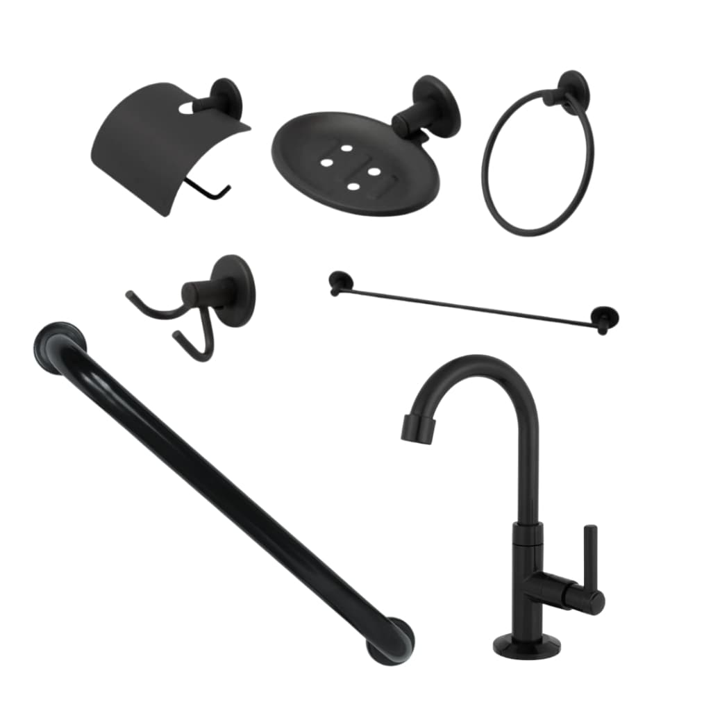 KIT BANHEIRO STANDER PRETO NO SUPER COMBO 7 PEÇAS ACOMPANHA BARRA DE APOIO DE 60CM E TORNEIRA LAVATÓRIO ABS