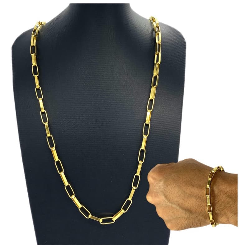 kit corrente+pulseira tijolinho moeda antiga banhado a ouro 18k 5mm - 70cm fecho gaveta