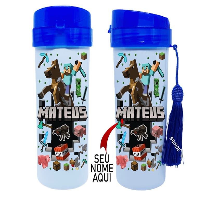 Garrafa escolar squeeze garrafinha de água Minecraft com nome personalizado