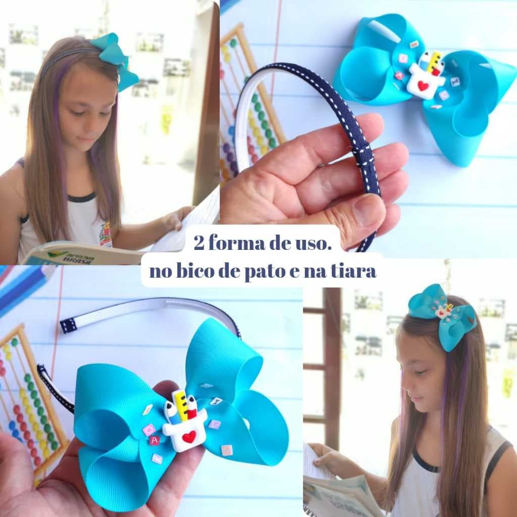 KIT LAÇO BOUTIQUE COM APLIQUE + TIARA ADAPTAVÉL  escolar, azul volta as aulas