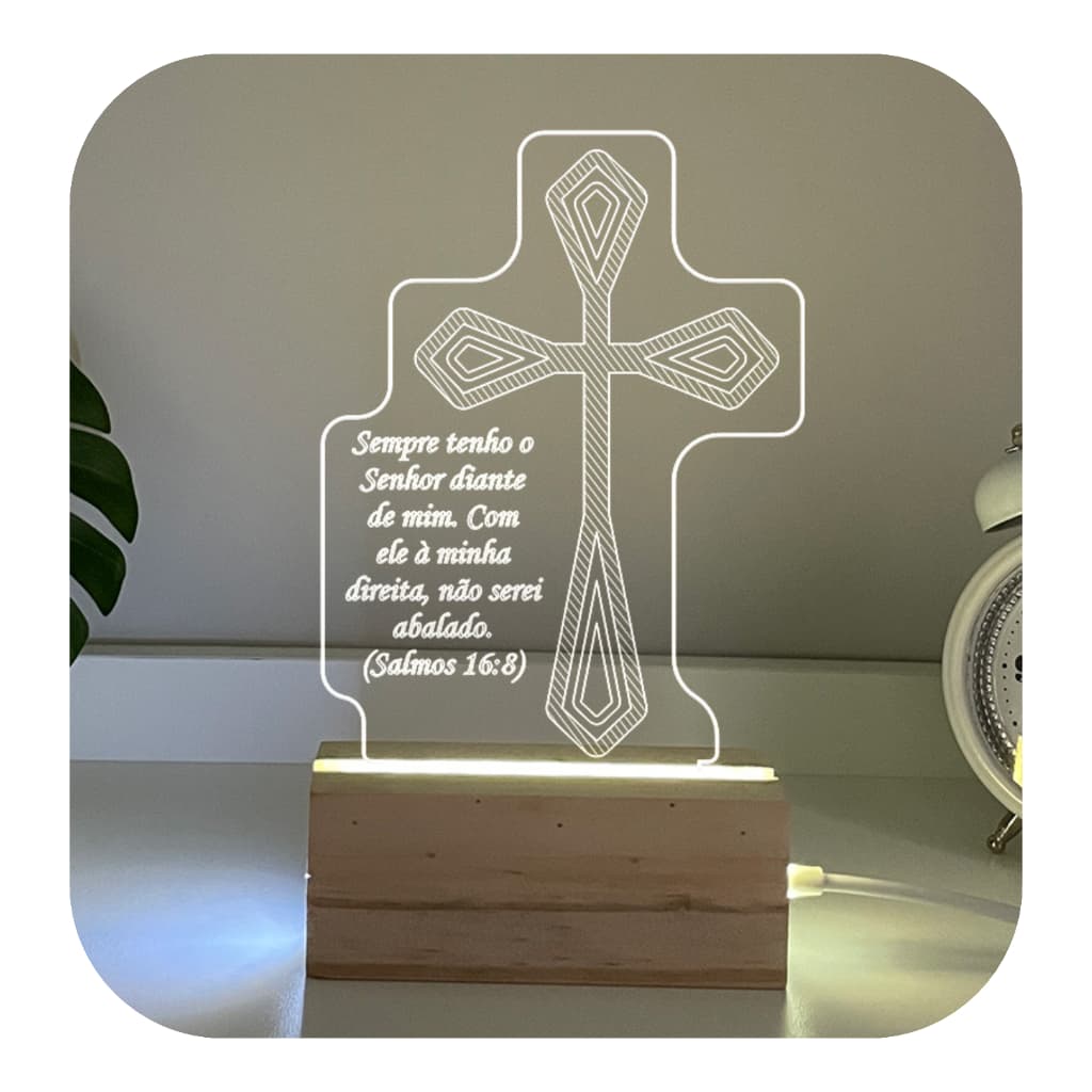 Luminária De Madeira Smart Cruz (Salmos 16:8) de Mesa Em Madeira Luz Acrílico Luxo Quarto Decorativo (Branco Quente)