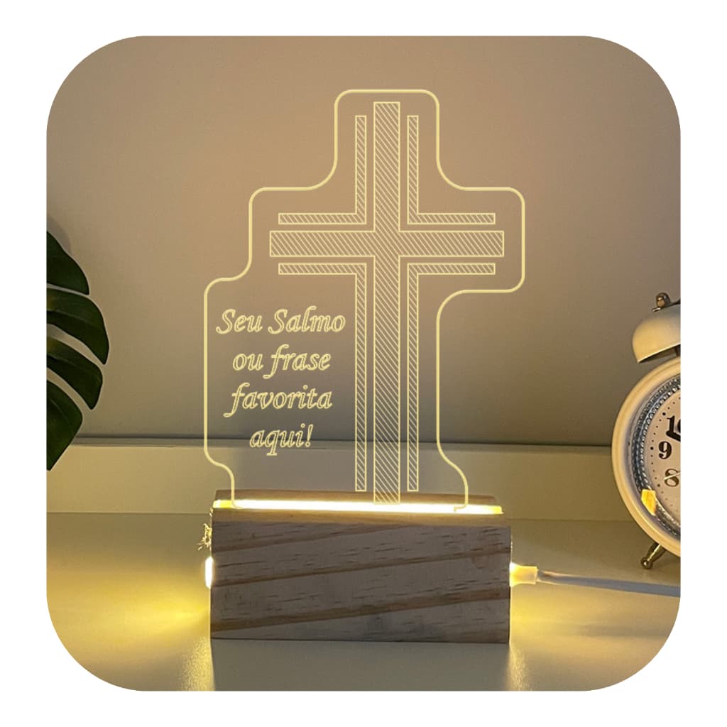 Luminária Smart Cruz Personalizada (Seu Versículo Favorito) de Mesa Em Madeira Luz Acrílico Luxo Quarto Decorativo