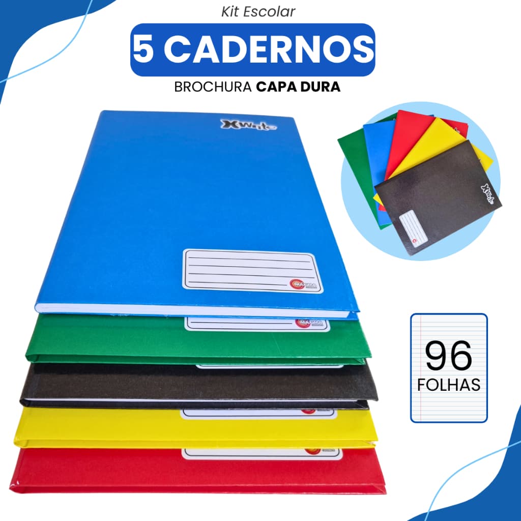 Kit 5 Cadernos Brochura Grande Capa Dura 96 Folhas Pauta Material Escolar Caderno Estudantil Promo Sem Estampa