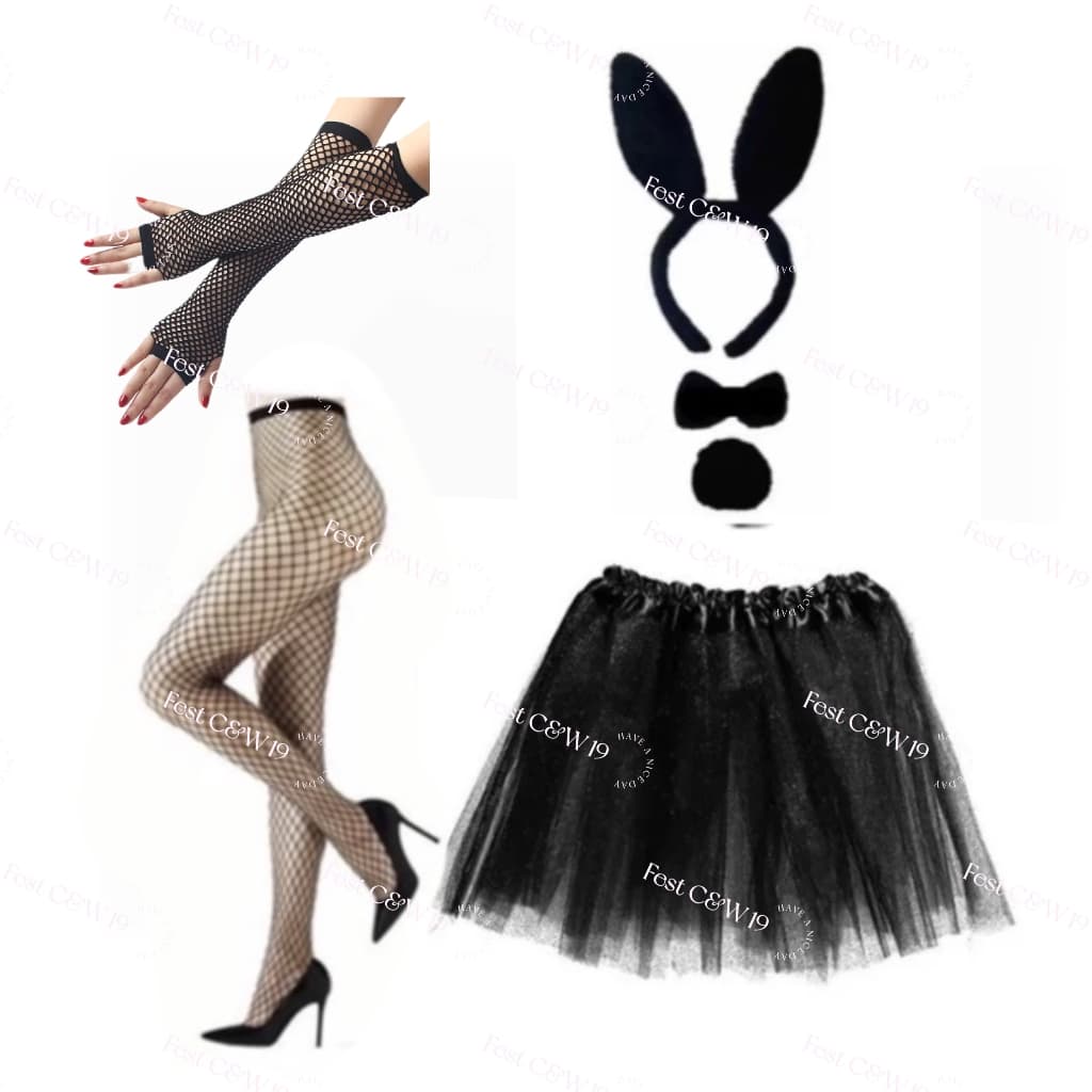 Kit 4 Conjunto Acro Coelho + Saia Tule + Luva e Meia Fantasia Para Festas Carnaval
