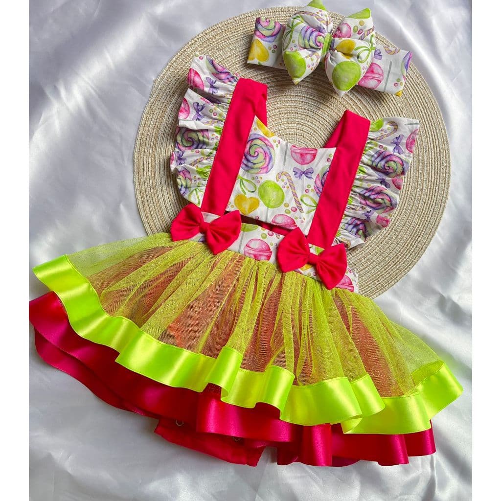 Jardineira Romper Saia  Doces Moda Infantil Carnaval Salopete Body + Faixa De Cabelo Mesversário