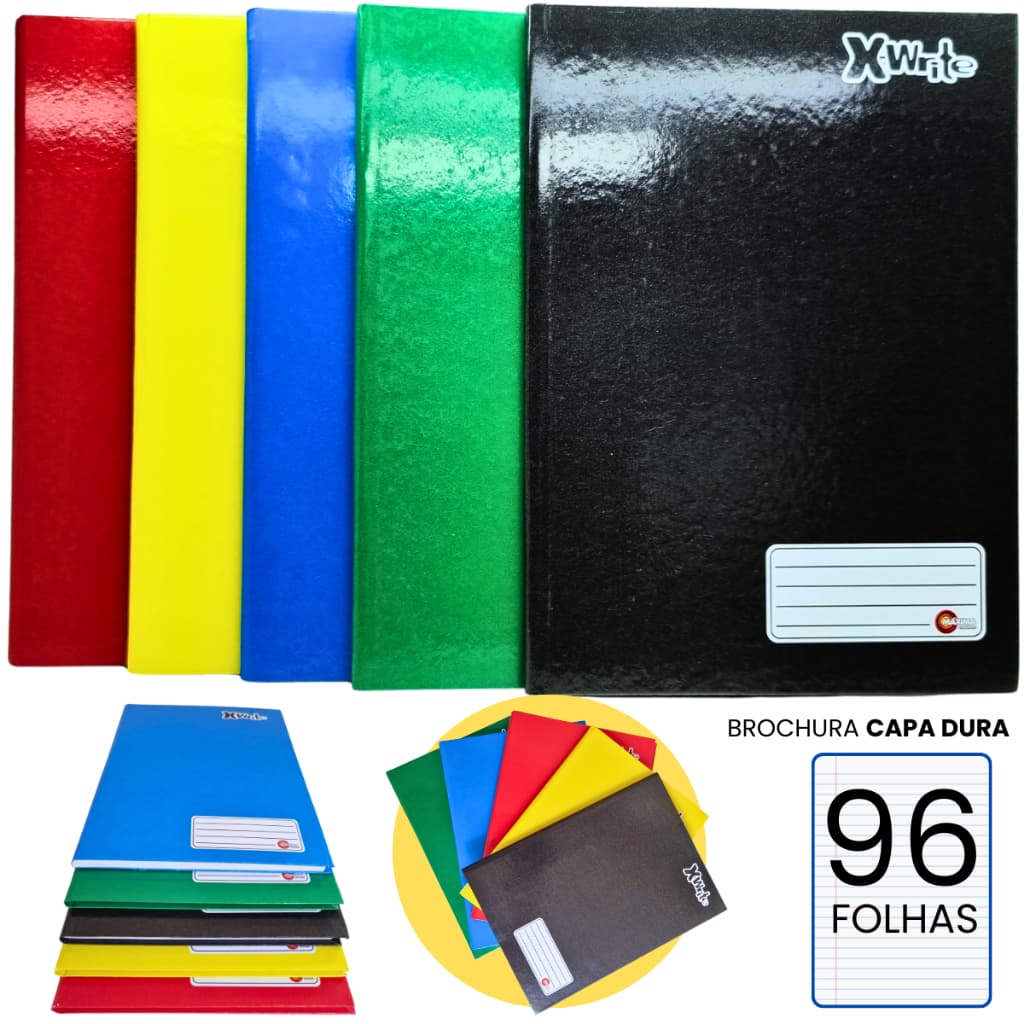Kit 5 Cadernos Capa Dura 96 Folhas Brochurão Grande Costura Resistente Material Escolar Completo Brochura 27 cm