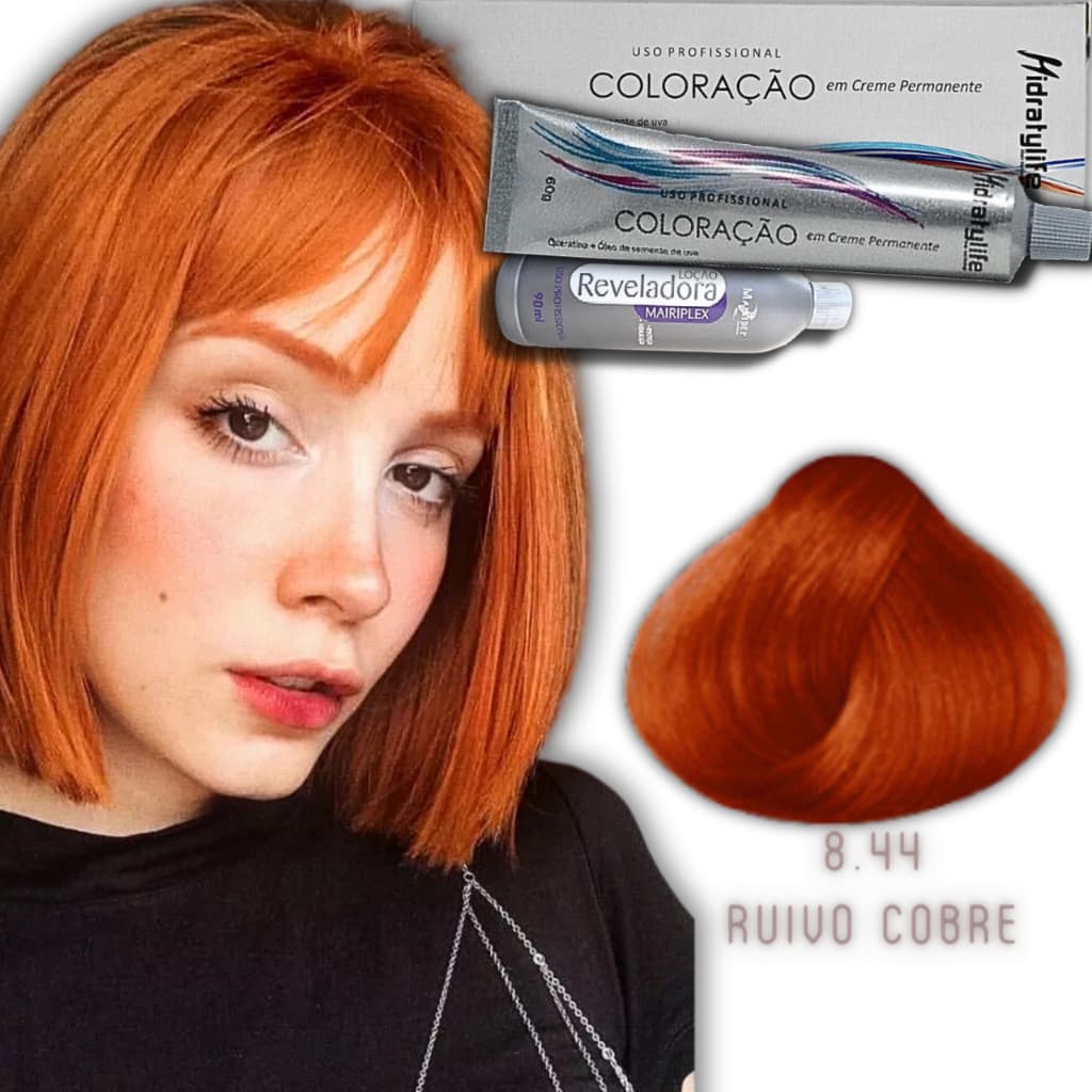 Coloração Permanente Ruivo Cobre 8.44 + Água Oxigenada | Hidratação e Cobertura Perfeita