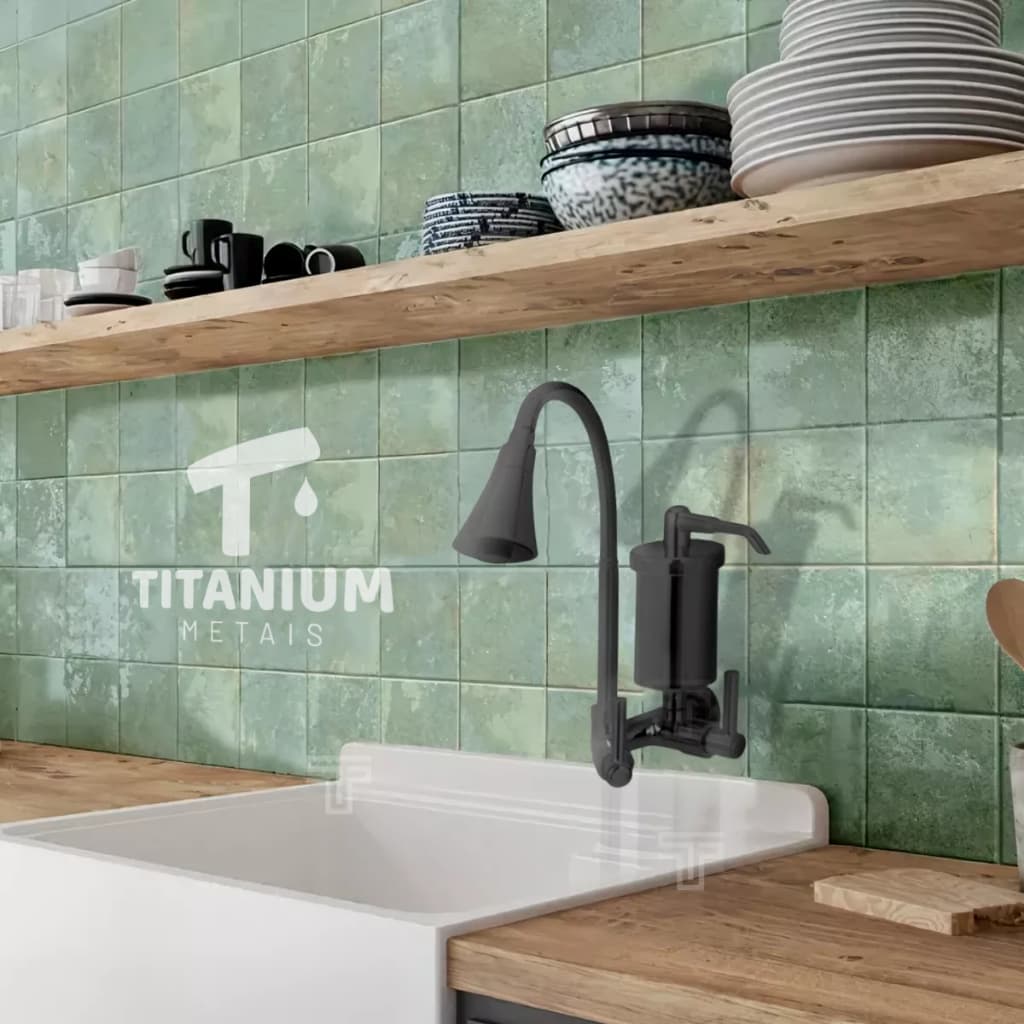 Torneira Com Filtro De Parede Preto Flexível Em Metal Incluso Filtro De Carvão Ativado