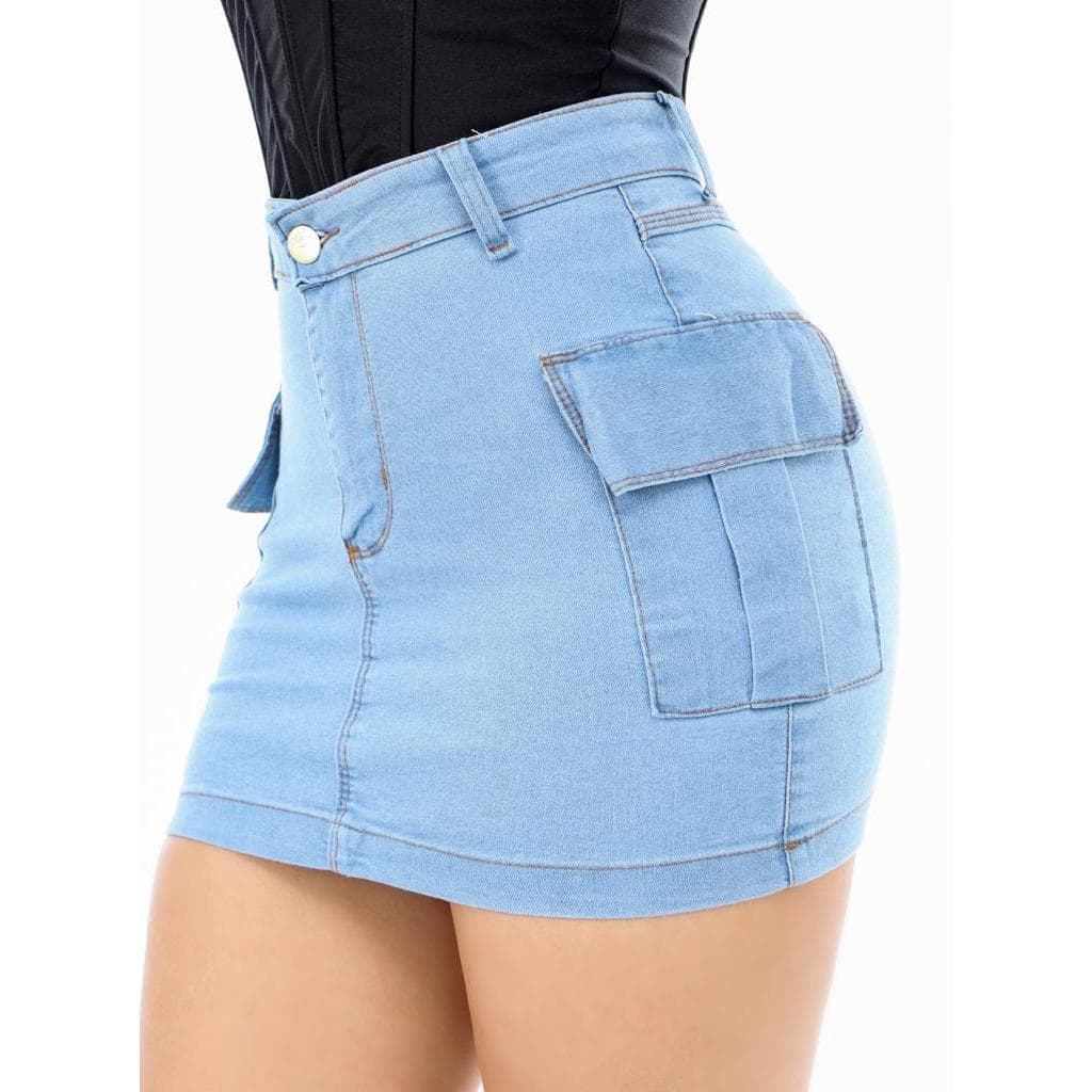 SAIA Jeans Rosa CHICLETE Feminina Cargo Curta Sarja Bolso Lateral Cos Alto