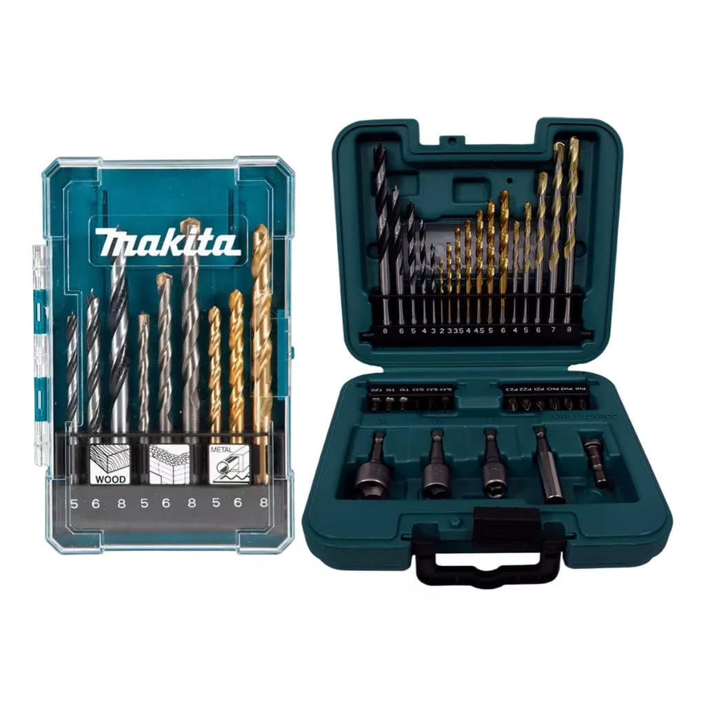 Jogo Brocas Bits Makita 34 Peças + Jogo Brocas Peças Metal Concreto Madeira Kit Makita
