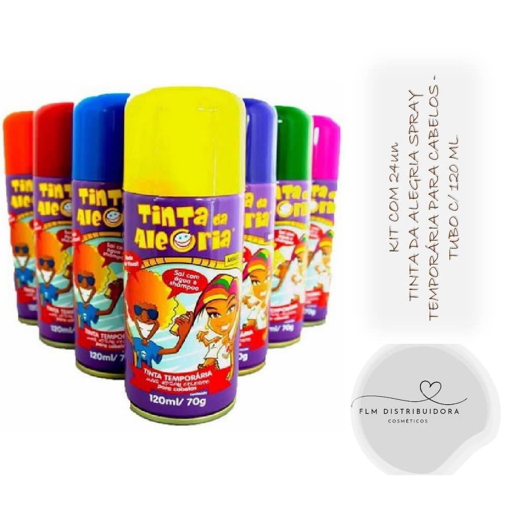 Kit com 24un Tinta da Alegria Spray Temporária para Cabelos SORTIDAS- Tubo c/ 120 ml