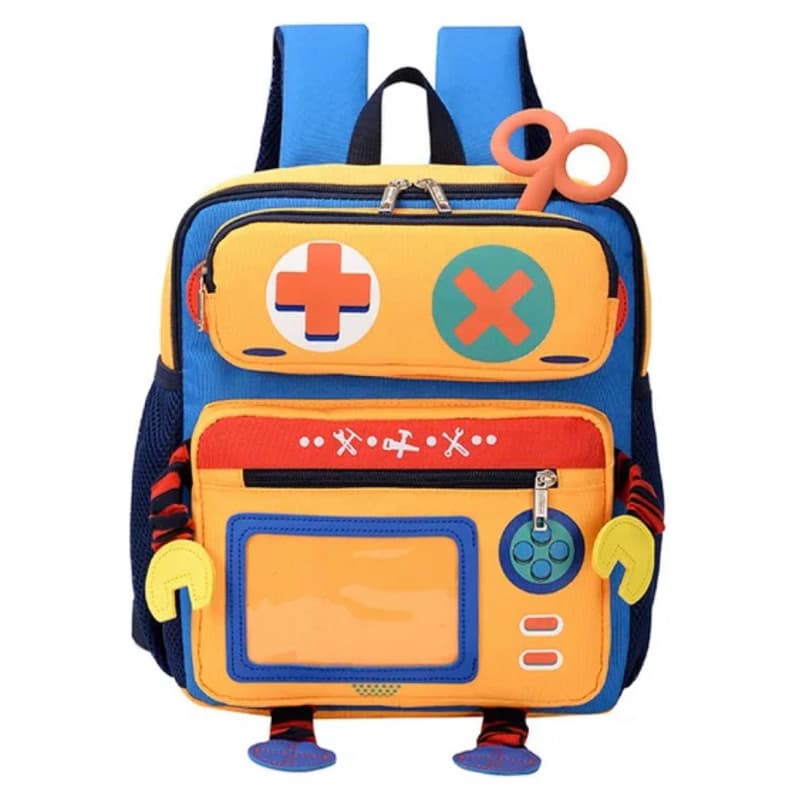 Mochila Escolar ou Passeio Pequena, lona reforçada tema Robô. Dimensões: 28cm altura x 25cm largura x 12cm profundidade.