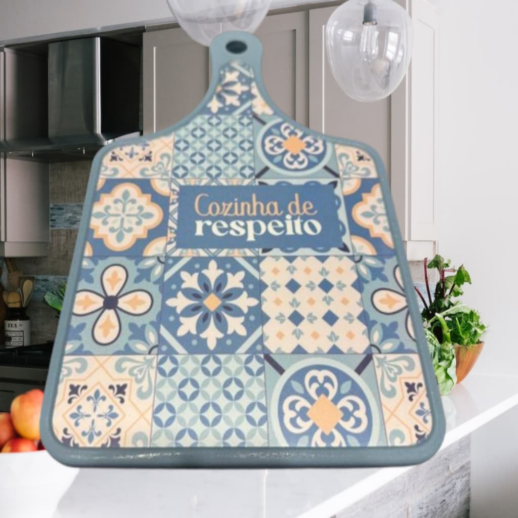 Tabua de Corte Carnes Frutas Com Cabo Azul Cozinha de Respeito 30cm x 19cm