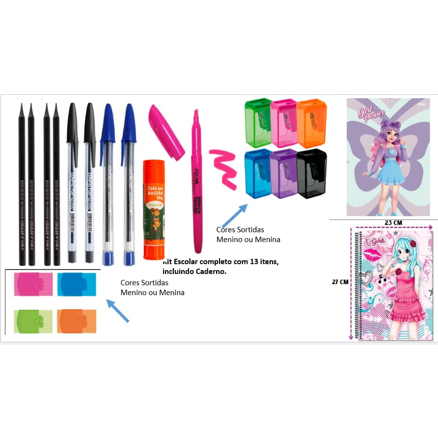 Kit 001 -  Escolar Ensino Médio e Fundamental 14 itens