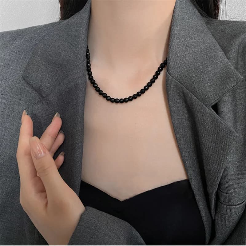 Colar de Pérola Preta, Chocker, Unissex, Gargantilha de pérolas preto, elegante, com extensor