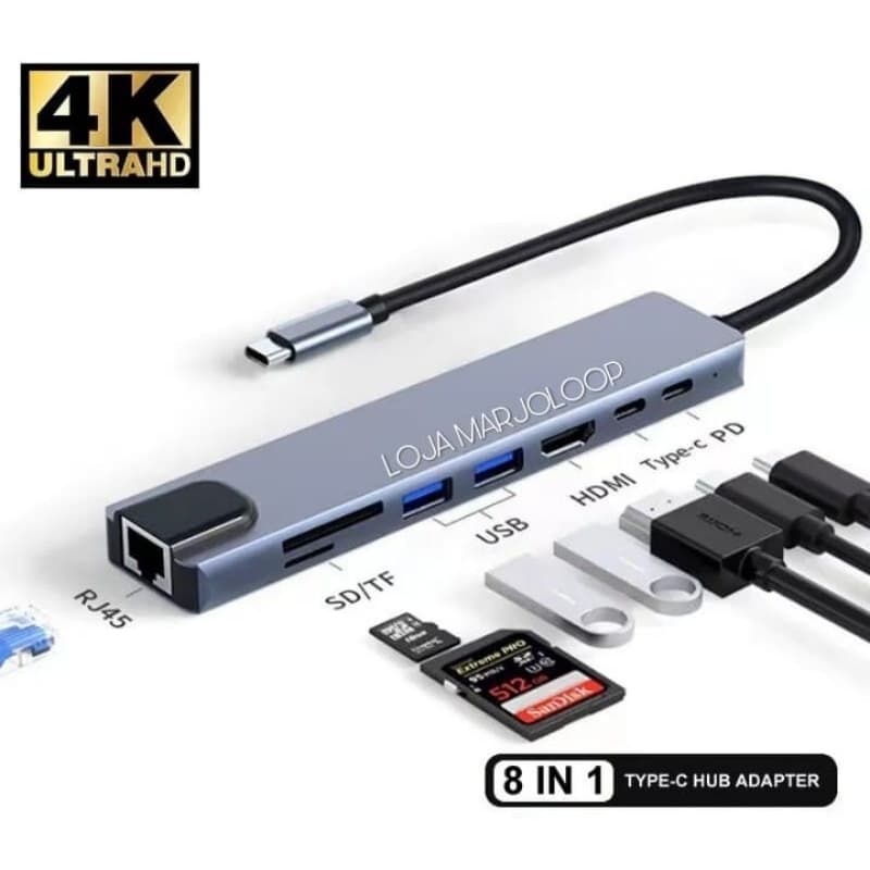 Adaptador 8 em 1 HDMI e Leitor de Cartão de memória Hub Tipo-C