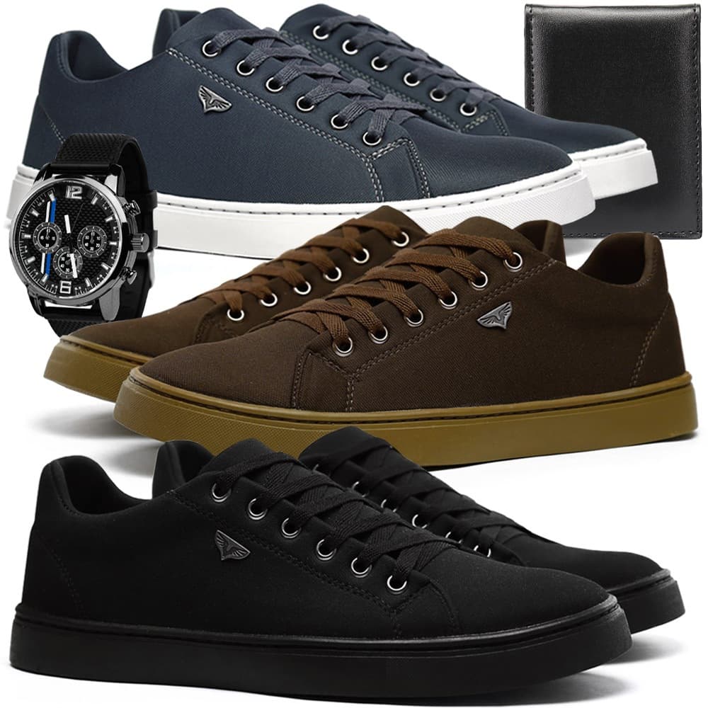Tênis Sapatenis 3 Pares Masculino Casual Esporte Carteira Relógio Barato Solado Costurado Confort