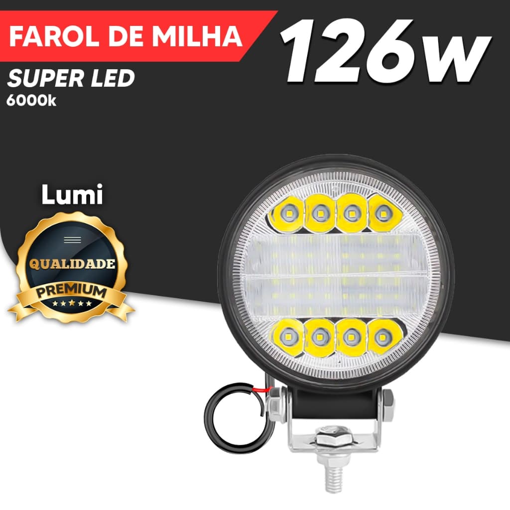 Kit Farol De Milha Led 126w Redodno12v-60V Cor Da Luz Branco Frio Auxiliar Barco Caminhão Off Road