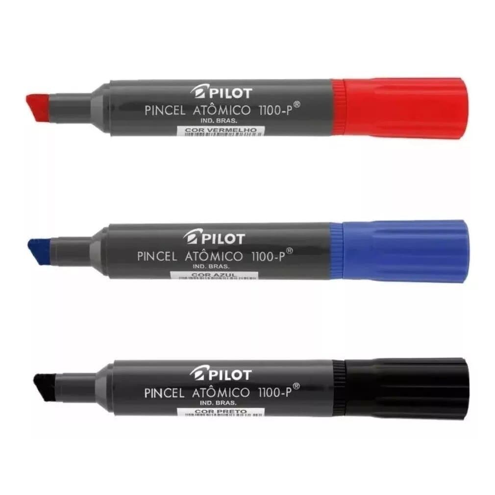Kit 3 - Pincel Marcador Permanente Recarregável Pincel Atomico Canetão Caneta- Vermelho Azul  Preto Ponta Chanfrada