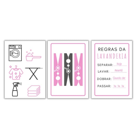 Quadros Decorativos - Lavanderia Rosa II /Área de Serviço - Kit com 3 Peças - Decoração MDF