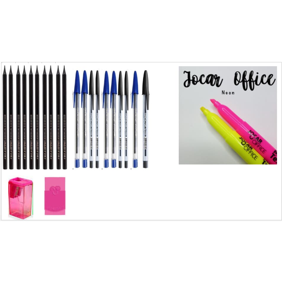 Kit 10 Canetas  Esferográfica 0.7 Azul e Preta  + 1 Apontador + 1 Borracha + 2 Marca Texto