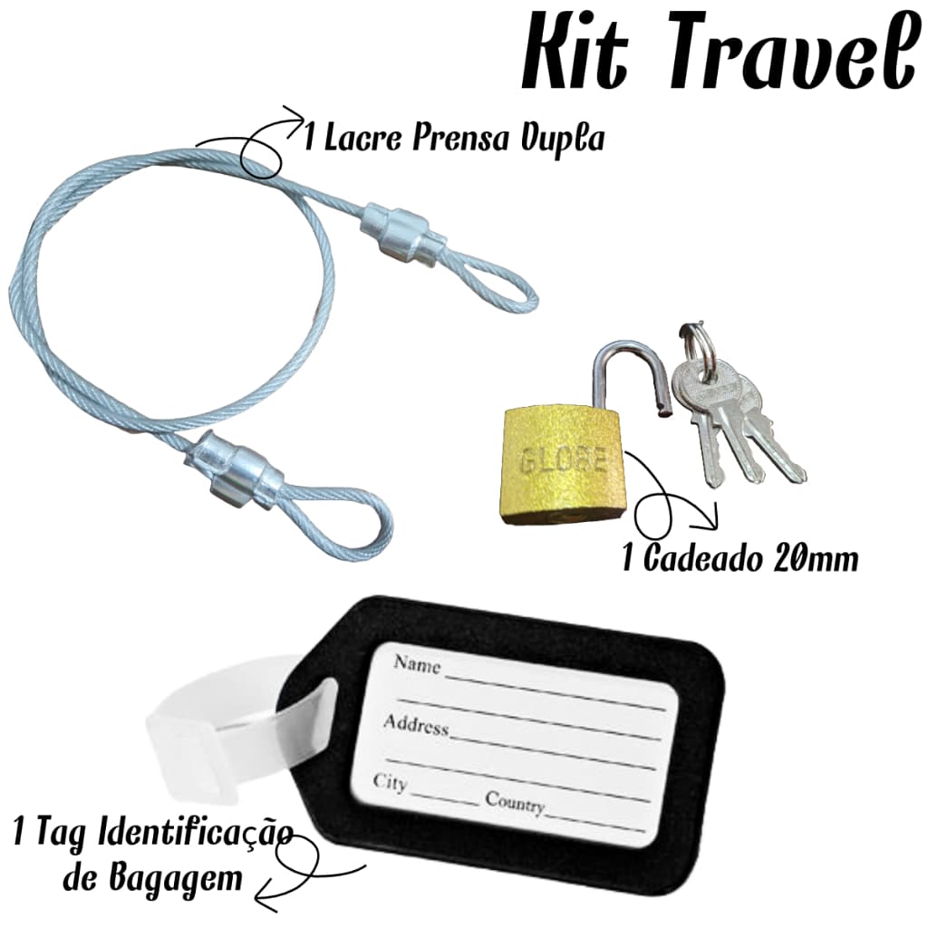 Kit Travel 1 Lacre De Mala em Aço 35cm + 1 Cadeado 20mm+ 1 Tag Identificação - Viagem Security