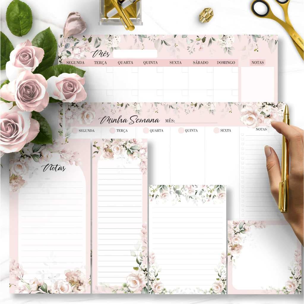 Kit Desk Planners e Bloquinhos Coleção Floral Rosa+ Planejador Diário Blocagem