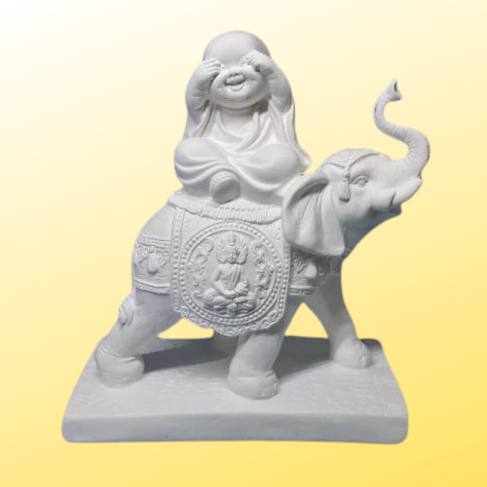 Estatueta Elefante Indiano  Com Buda  21cm Sabedoria Escultura Decorativa De Gesso Cru