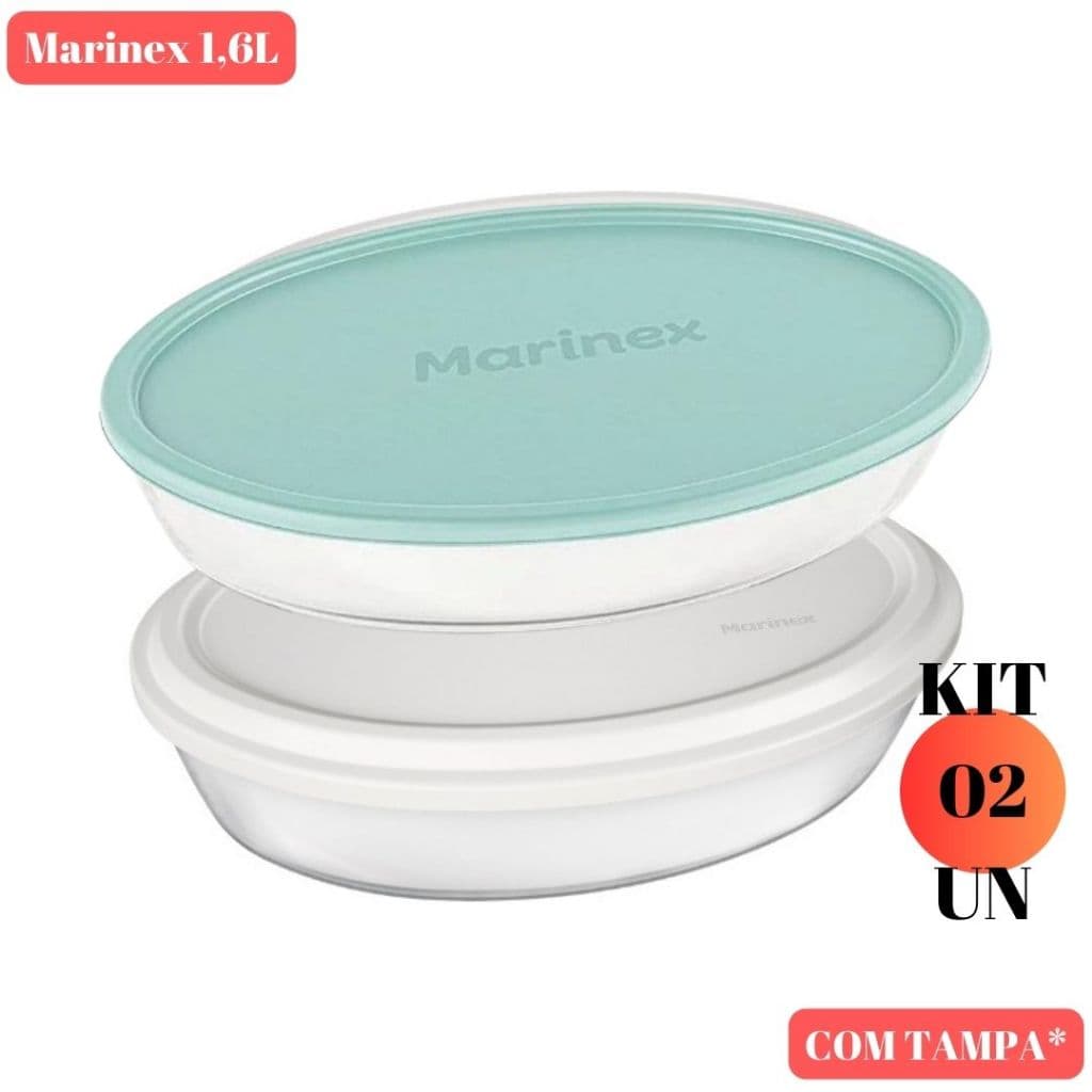 Jogo 2 Assadeira Oval  Marinex 1,6LCom Tampa Vidro Resistente Forma Refratario Forno Freezer Restaurante Temperado Jantar Almoço Cozinha Oval Sobremesa Hermetico Sem Odor