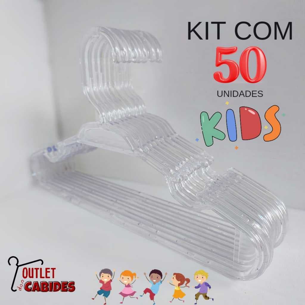 KIT 50 CABIDE TRANSPARENTE CRISTAL INFANTIL REFORÇADO E RESISTENTE ROUPAS PESADAS LEVES E ORGANIZADAS