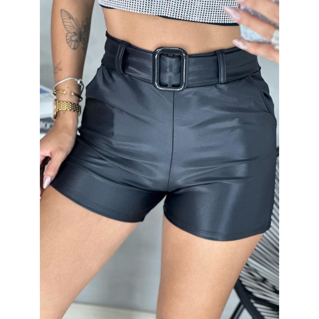 Short Couro Fake Feminino Cinto Preto Short Cirrê Courinho Branco Shortinho Cintura Alta Luxo Roupa Feminina Moda Gringa
