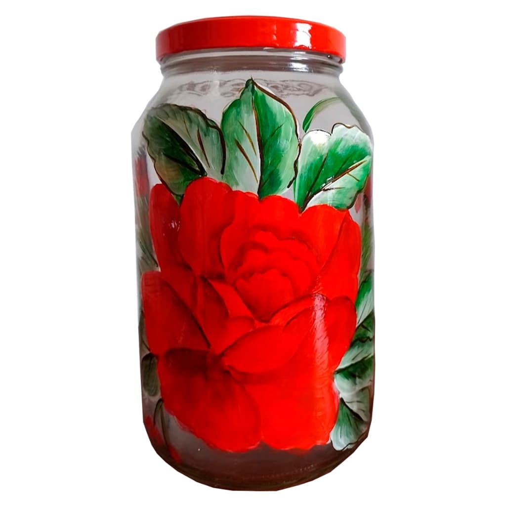 Pote de Vidro 3L Decorado Flores Pintado A Mão Com Tampa
