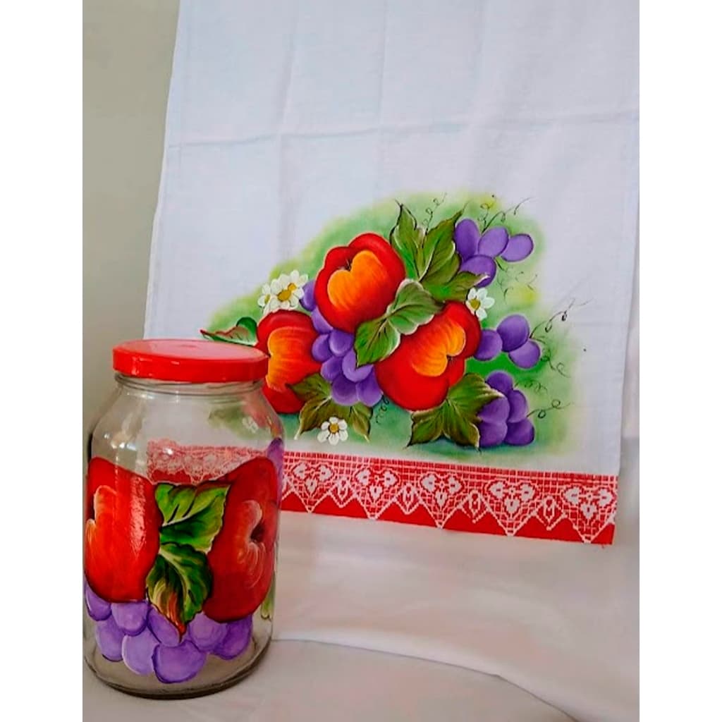 Kit Pano de Prato Pintado A Mão Bainha 72x50cm + Pote de Vidro 3L