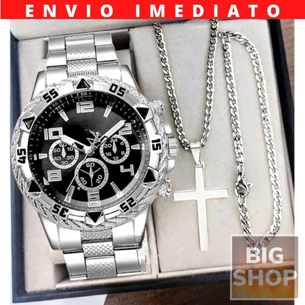Relógio Masculino Prata Inox Kit Colar Cruz Fina + Pulseira Fina e Pingente