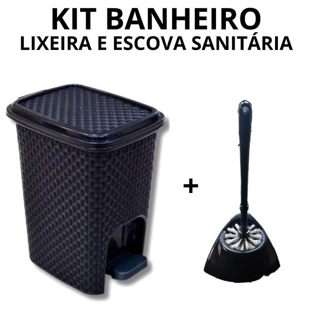 Kit Jogo Banheiro Lixeira Pedal 7 Litros Preta Rattan + Escova Sanitária Preta Resistente Cerdas Brancas