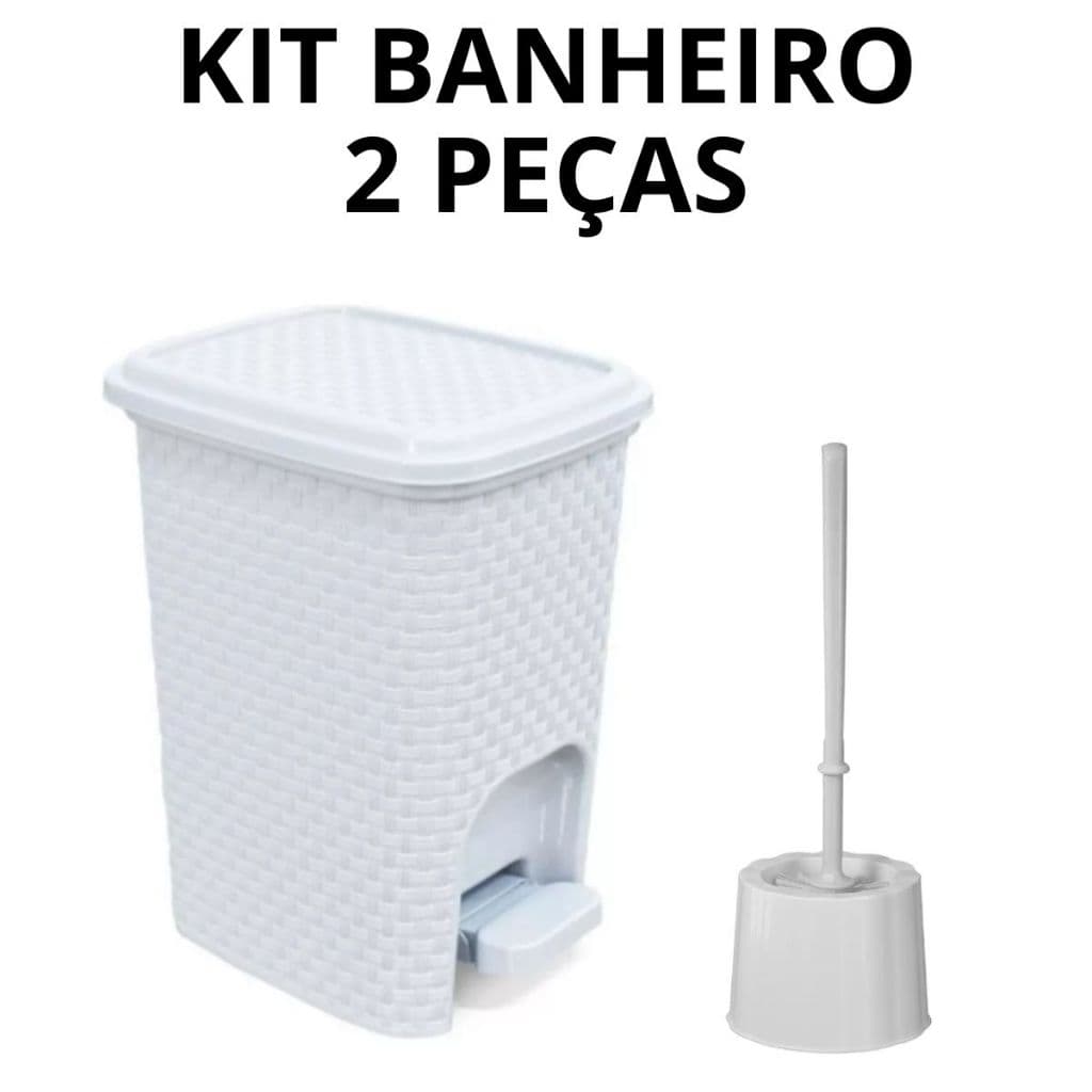 Kit Jogo Banheiro Lixeira Pedal 7 Litros Rattan + Escova Sanitária Branca Com Suporte Resistente Cerdas