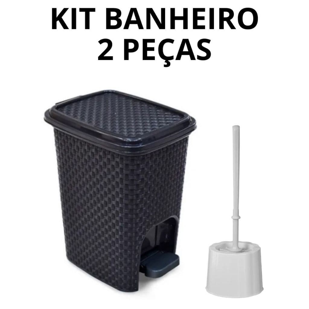 Kit Jogo Banheiro Lixeira Pedal 7 Litros Preta Rattan + Escova Sanitária Com Suporte Resistente Cerdas Brancas